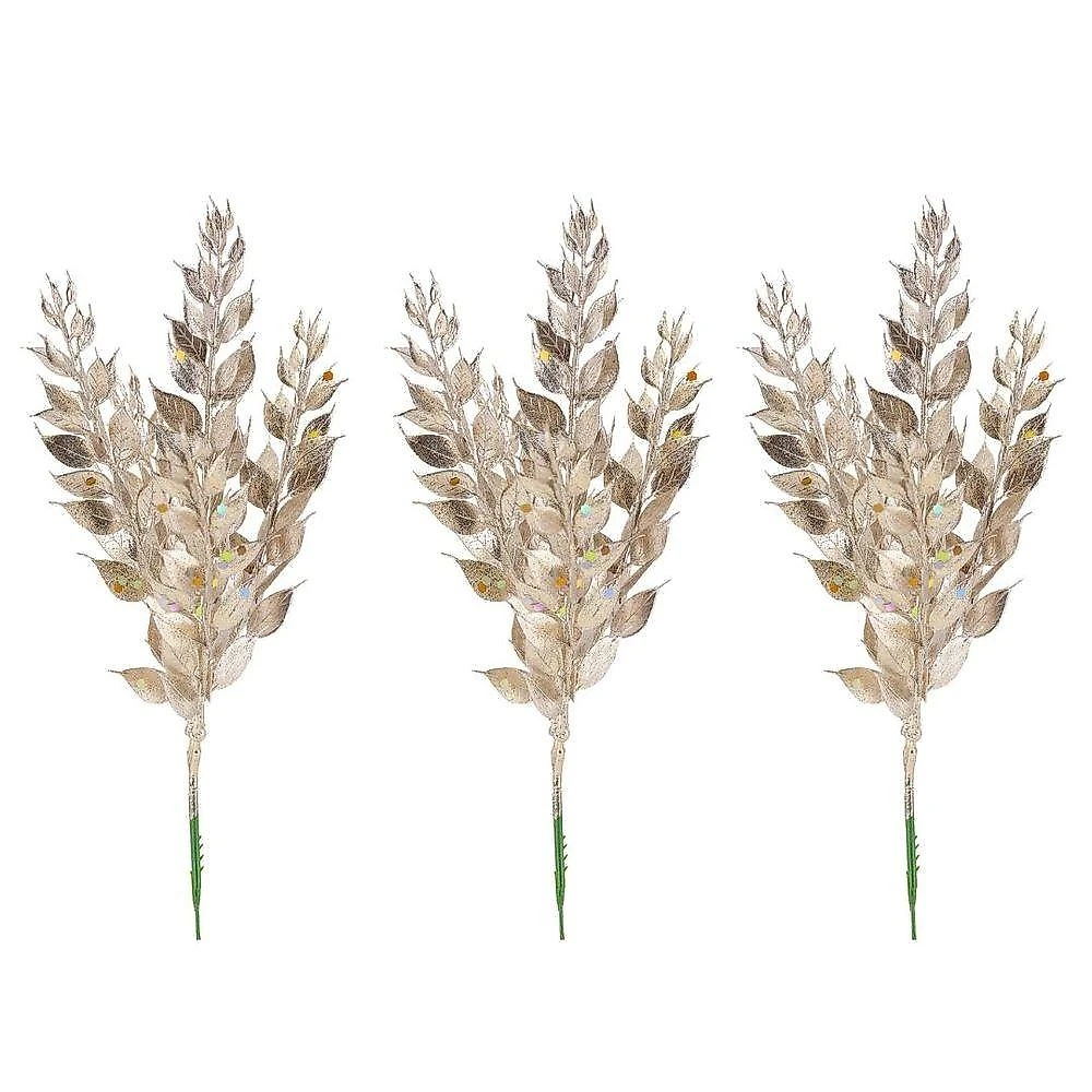 Galho Pick Natal Multi Folhas Champanhe Fosco Rosê Yangzi 3 UNIDADES 28CM