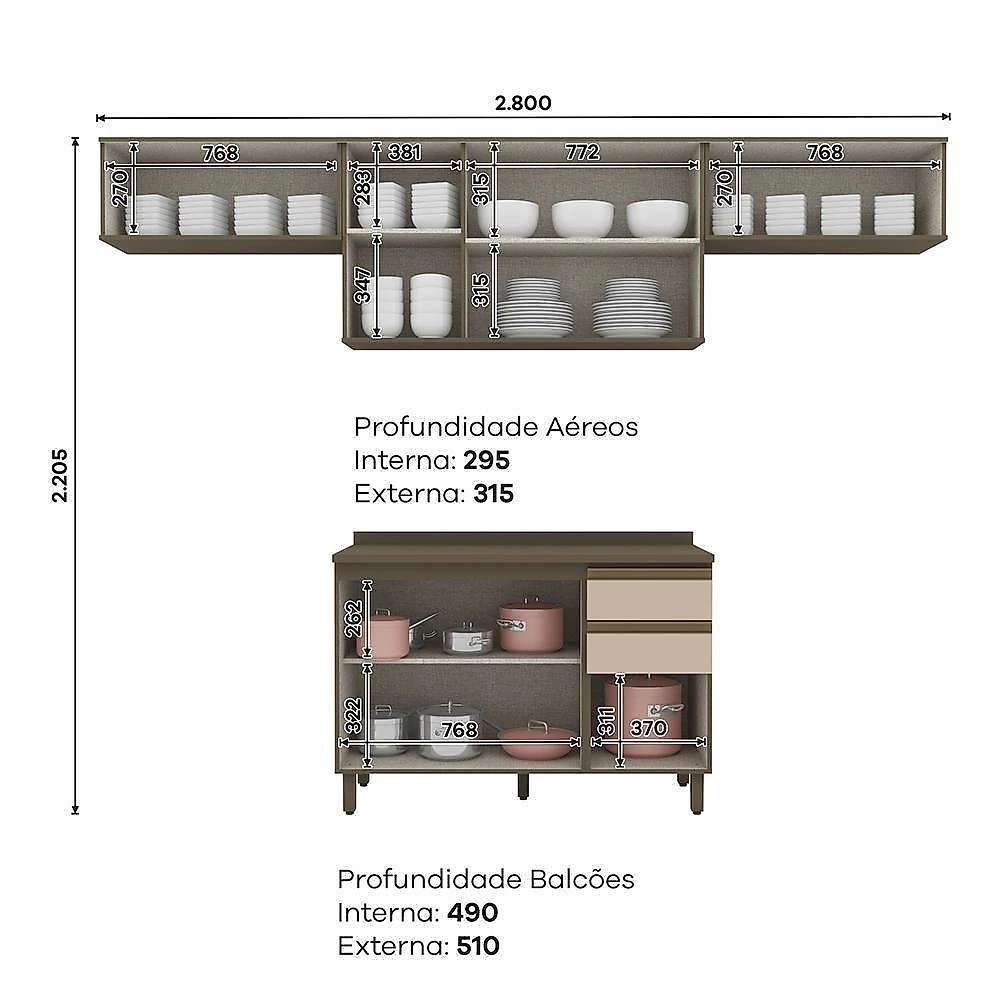 Cozinha Modulada Connect 4 Peças Balcão 120cm Duna/cristal Com Tampo Mdp - Móveis Henn Duna/cristal