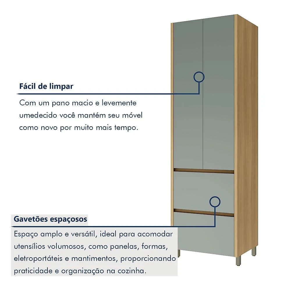 Paneleiro 2 Portas 2 Gavetas 70Cm  100% Mdf Rainha Nature/Verde
