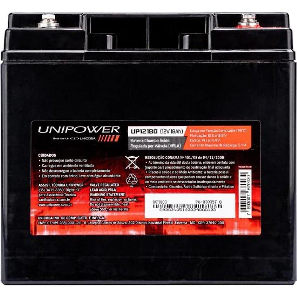 Bateria Estacionária UP12180 Selada Livre de Manutenção Preto Unipower 12V 18AH