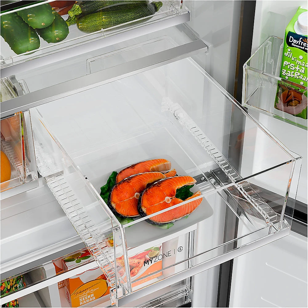 Refrigerador French Door Haier de 03 Portas Frost Free com 630 Litros, IA Cooling, My Zone, Inox – HFD650 110