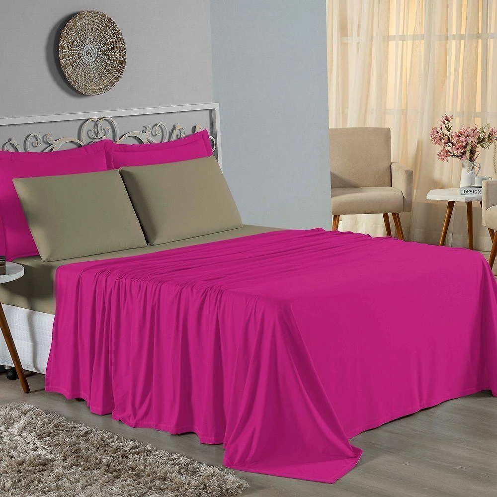 Jogo De Cama Solteiro Nobre 3 Peças Lençol Com Elástico De 30cm De Altura Malha 100% Algodão - Pink / Avelã