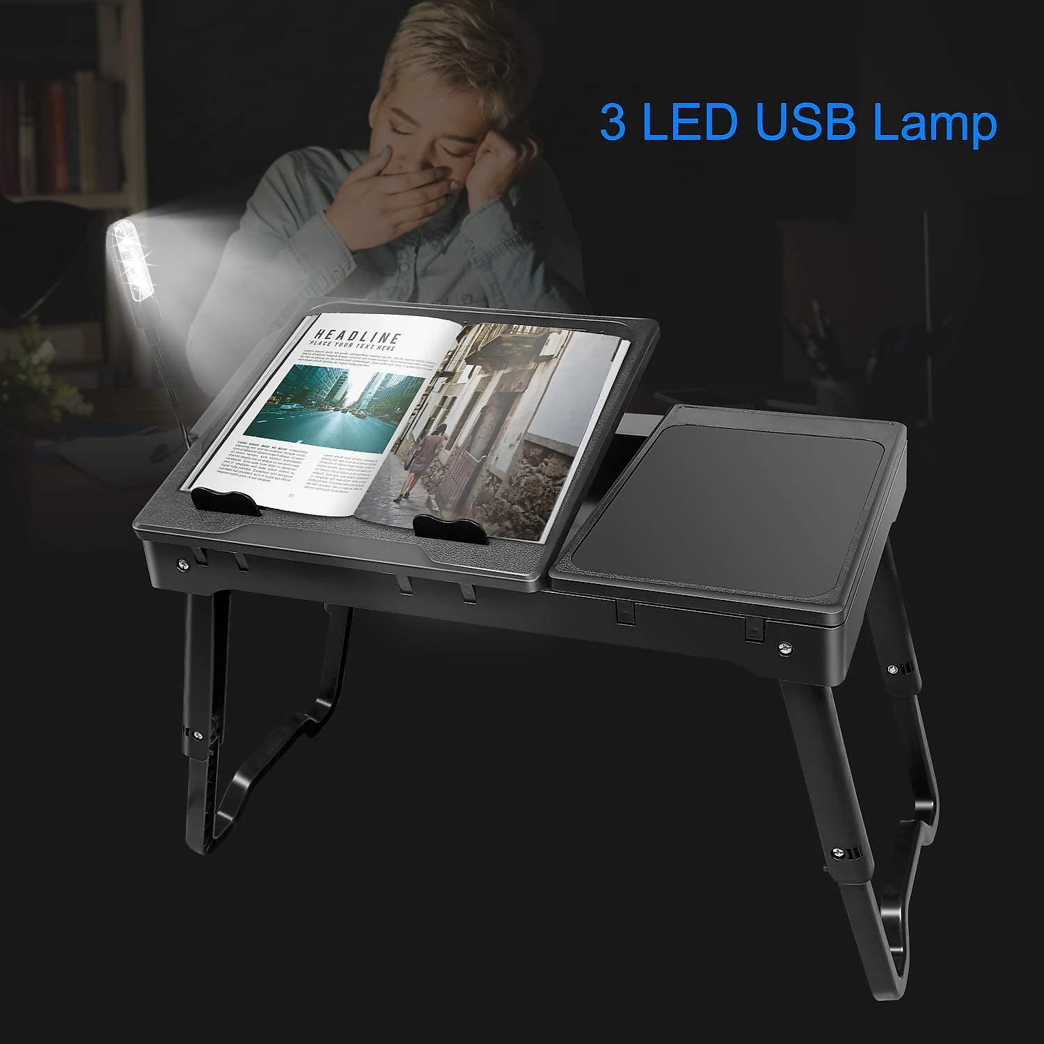Mesa para laptop para cama com ventilador com pernas dobráveis Bandeja com luz LED 4 portas USB armazenamento mouse pad