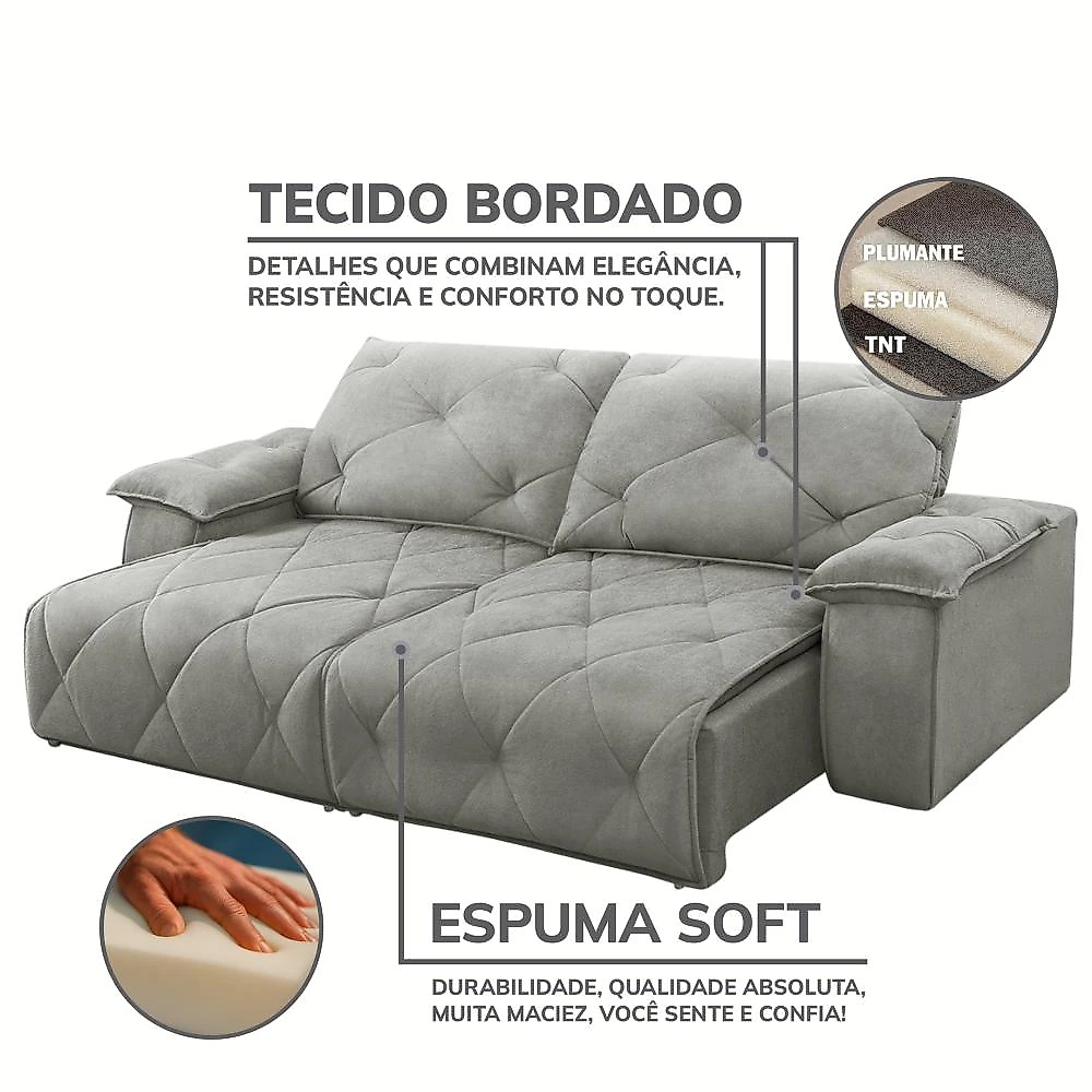 Sofá 230cm retratil e reclinavel 4 lugares Texas Sofá 4 Lugares Retrátil e Reclinável Master Nevoa