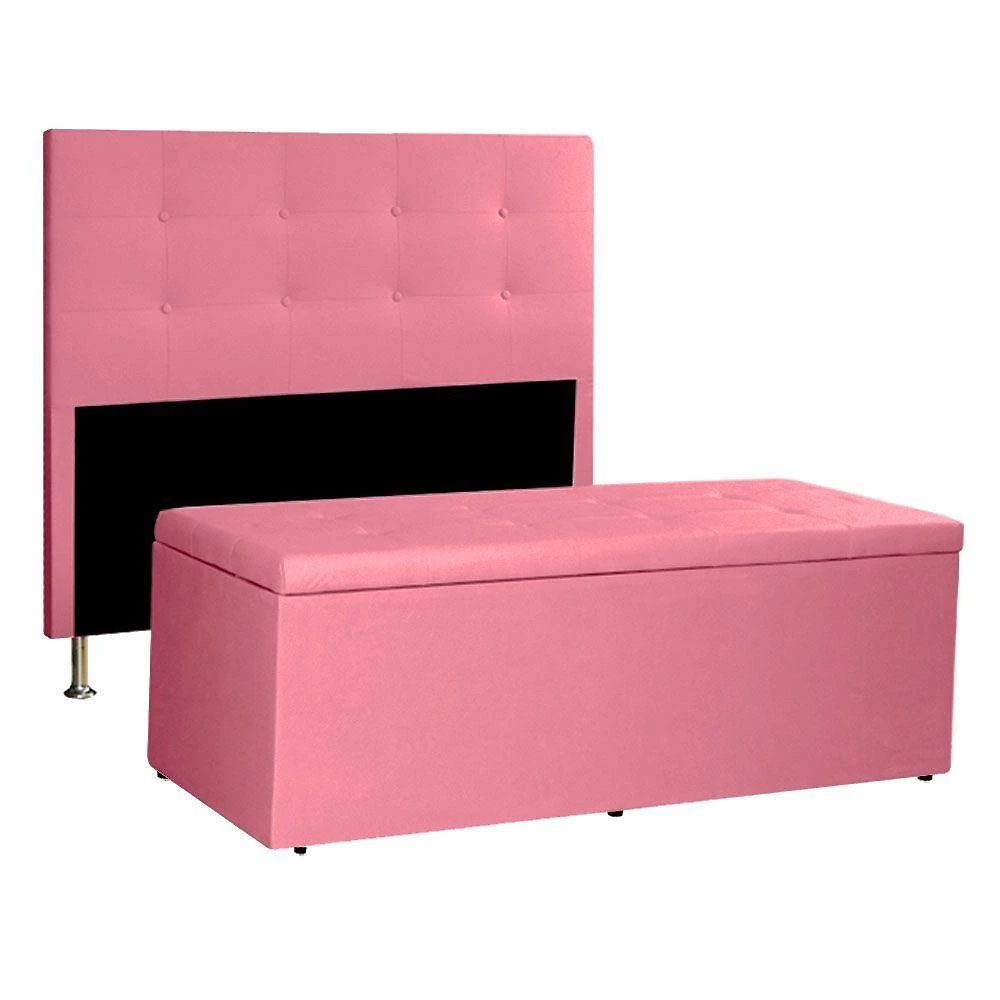 Kit Cabeceira E Calçadeira Baú Casal 1,40m Berlim Suede - Pallazio Cor Rosa