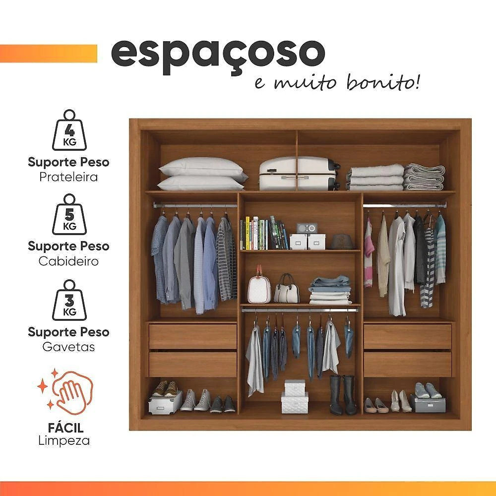 Guarda Roupas Casal Ripado Com Espelho 2 Portas De Correr 4 Gavetas Vitta Madeirado