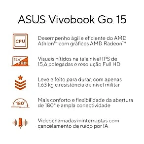 Notebook ASUS Vivobook Go 15 AMD Athlon 4GB RAM 128GB SSD 15,6" Full HD Windows 11