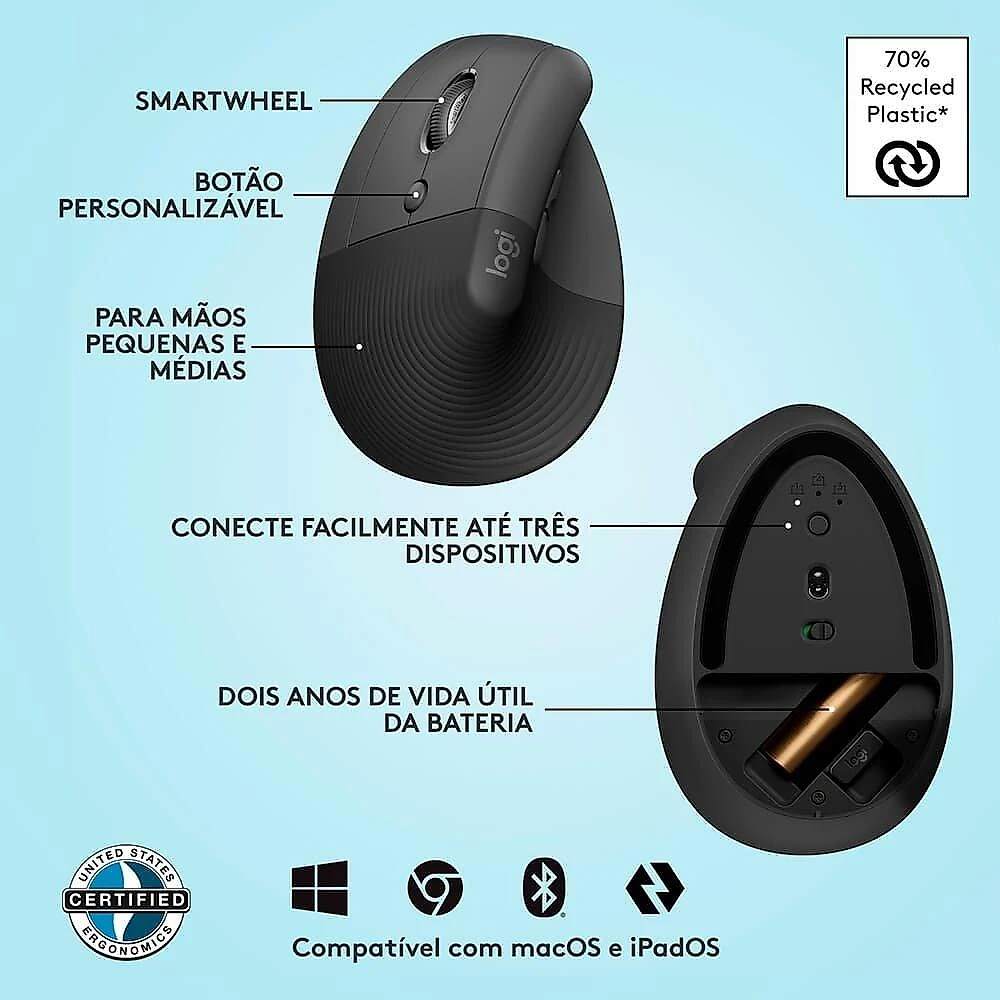Mouse Sem Fio Logitech Lift para Canhoto, 4000 DPI, 6 Botões, Bluetooth, Ergonômico, USB, Grafite - 910-006467