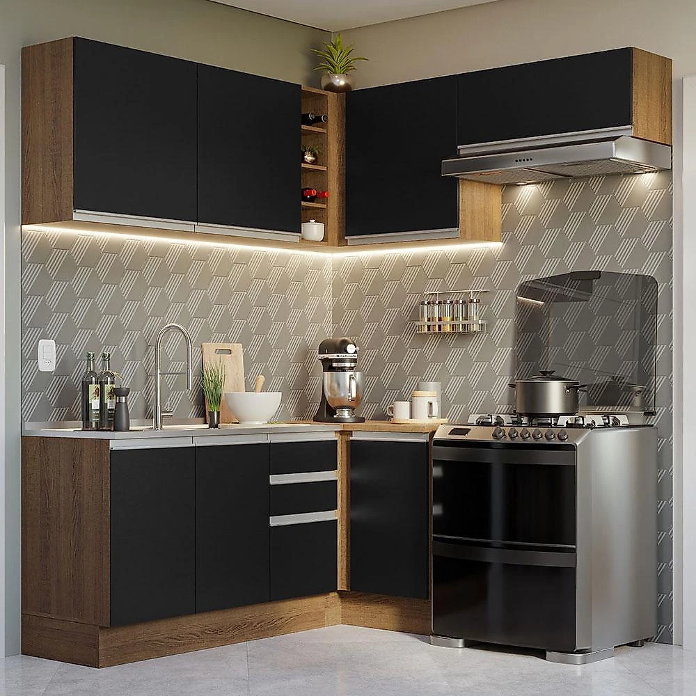 Armário de cozinha completa de canto 349cm rustic/preto glamy madesa 07