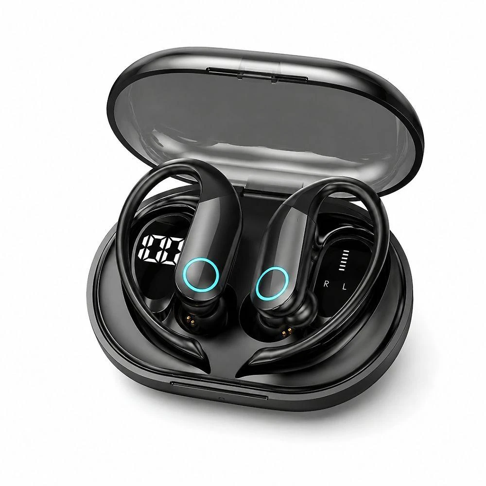 Fone Bluetooth MDM Arc Gancho de Orelha para Treino 4 Horas com Case com Display LED Preto