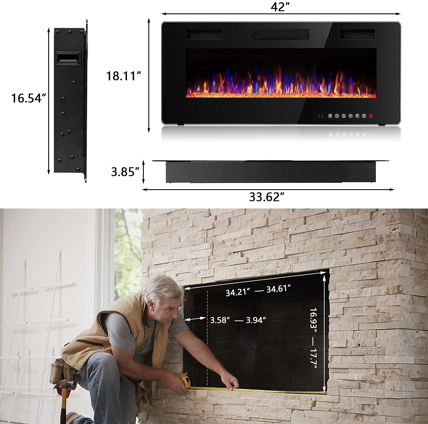 Vitesse 42FPC3 Lareira Elétrica de Embutir A45x106L com Controle Remoto e Digital Luz LED Chamas Multicolorida e Temporizador 110V1500W Preta
