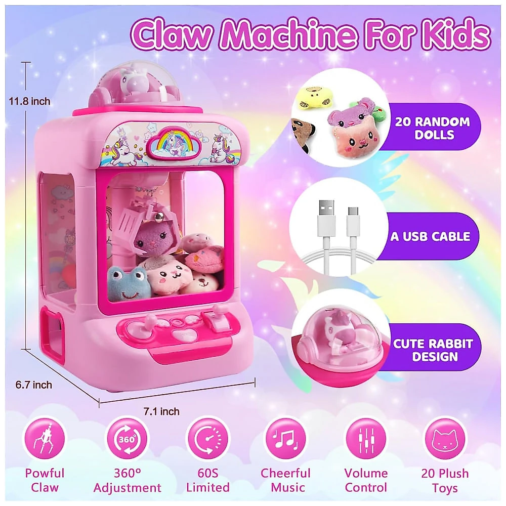Máquina de Garra Unicornio TingingYuli Rosa Mini Arcade Eletrônica com 20 Pelúcias e Dispensador de Doces para Crianças