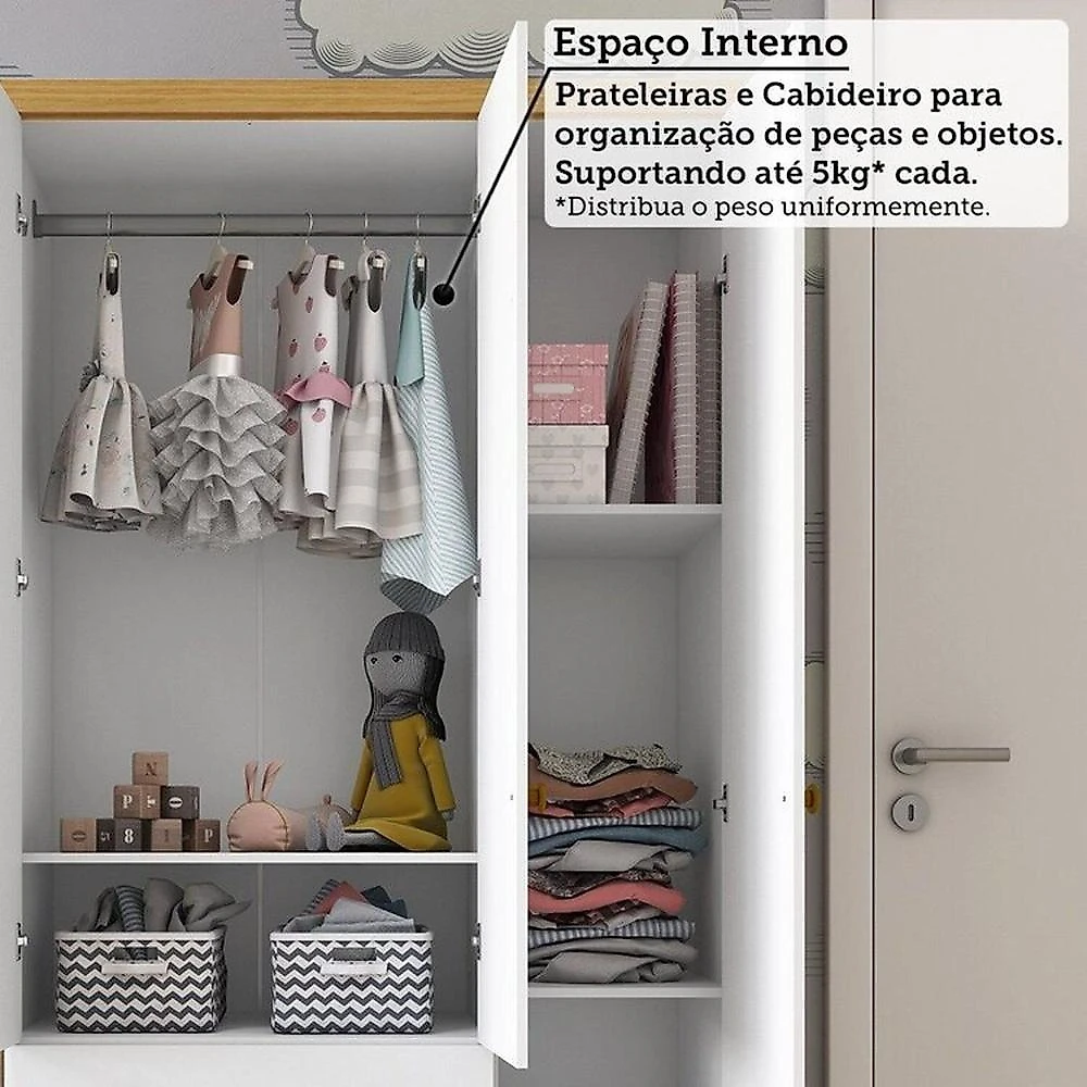Quarto de Bebê Completo Berço Minicama Guarda-roupa 4 Portas e Cômoda 100% Mdf Nina Espresso Móveis Branco Brilho/Amêndoa