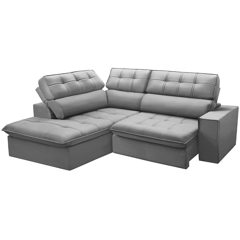 Sofá 3 Lugares Retrátil Reclinável Chaise Esquerdo 243cm Solin F04 Veludo Cinza - Lyam Decor