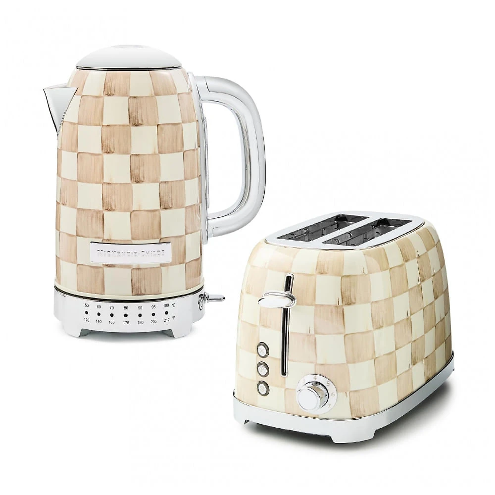 Conjunto chaleira elétrica e torradeira 2 fatias MacKenzie-Childs Mocha Check marrom e branca inox 110V