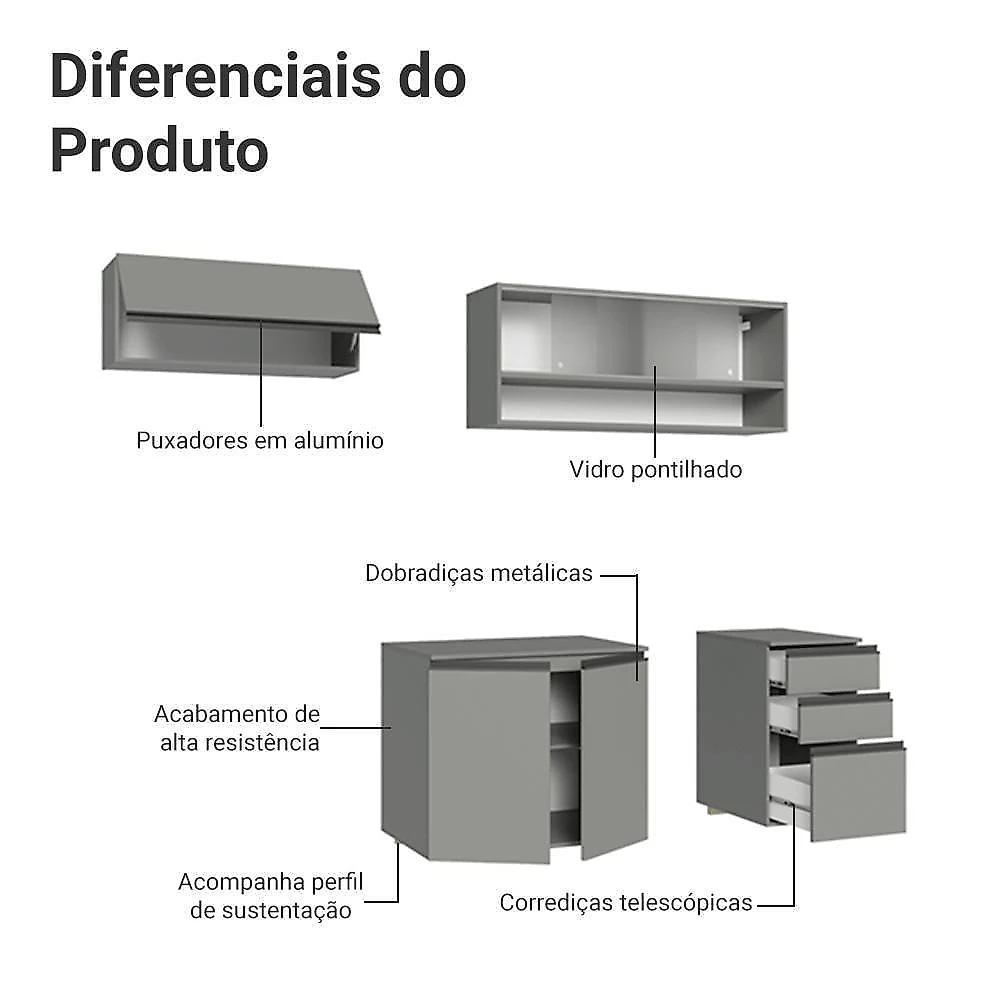 Armário De Cozinha Compacta Suspenso 200cm Nice Madesa 11 Cinza