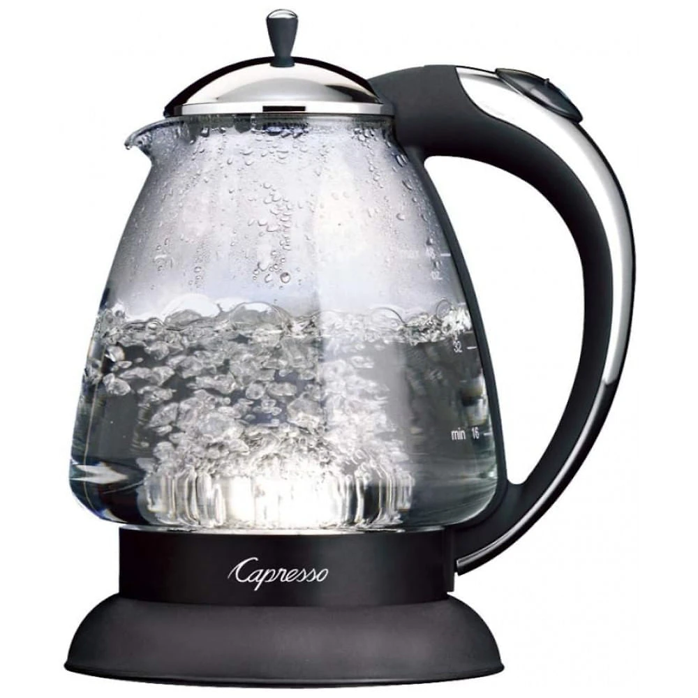 Chaleira elétrica de vidro Capresso preta e cromada 1,42L com indicador luminoso e desligamento automático H2O Glass 240.02, 110V