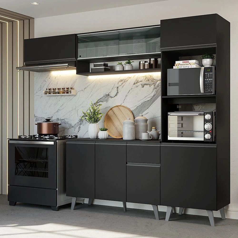 Cozinha Completa Nice GRNC2600038N 8 Portas 1 Gaveta MDP 260CM Preto Madesa
