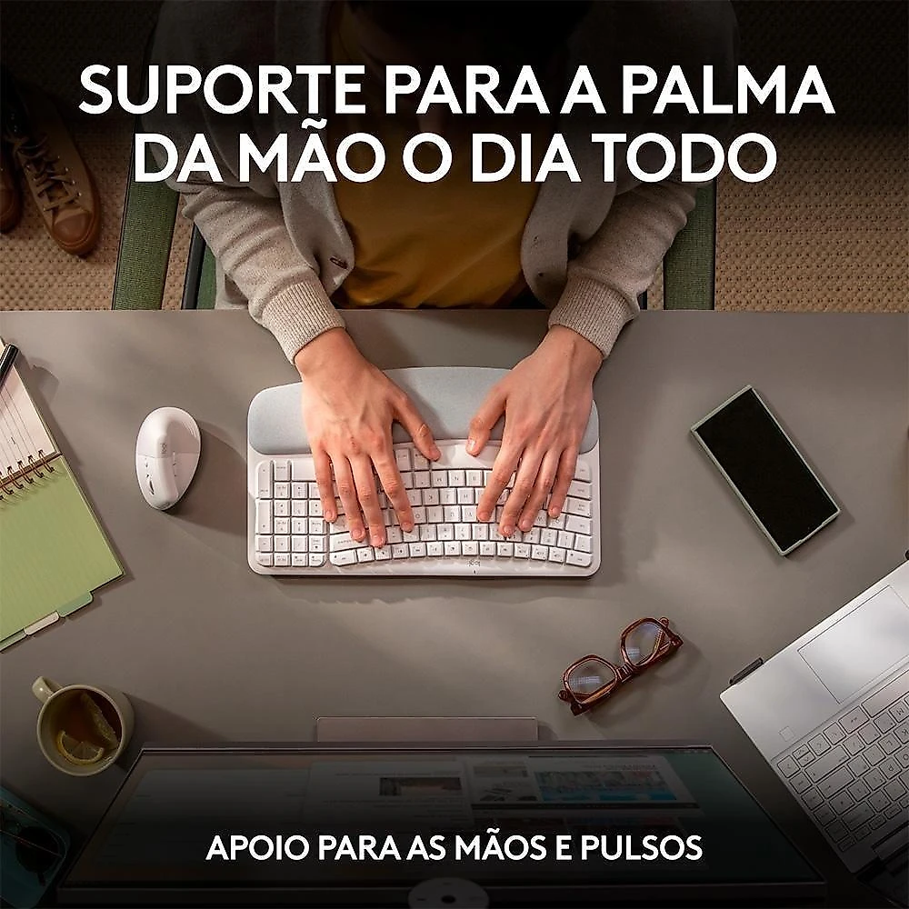 Teclado Sem Fio Logitech Wave Keys, Bluetooth, Layout US, Com Design Ondulado, Ergonômico, Branco - 920-012282