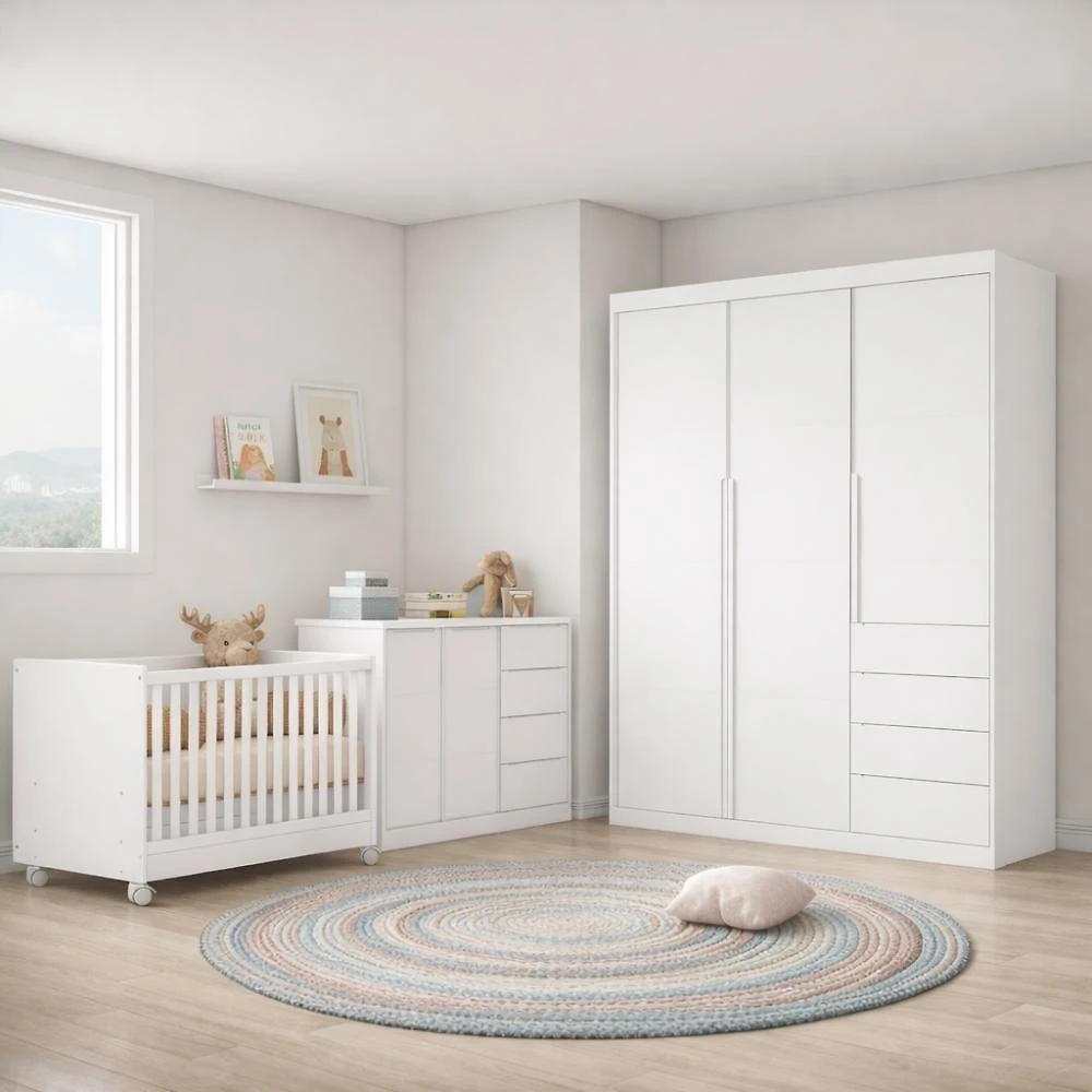 Jogo de Quarto Pérola com Guarda Roupa 3 Portas e 4 Gavetas + Cômoda 2 Portas + Berço Mini Cama MDF