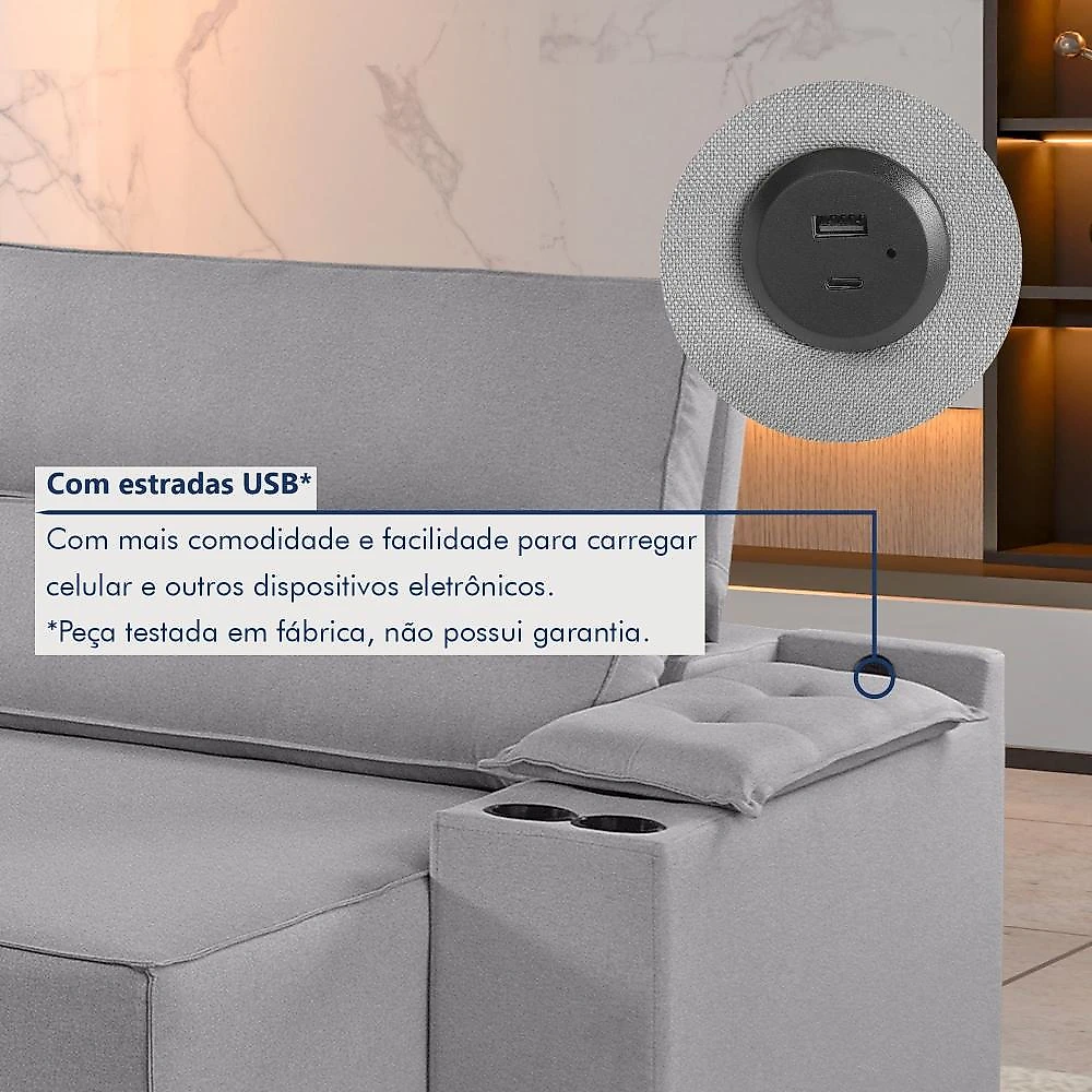Sofá Retrátil e Reclinável 4 Lugares com Entrada USB e Porta Copos 250cm Irlanda Yescasa Sofá Retrátil e Reclinável 4 Lugares 250cm M180 Yescasa Linho/Cinza Claro