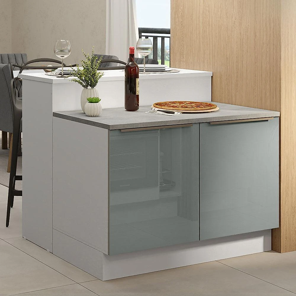 Ilha de cozinha com bancada e balcão 120 cm branco/cinza lux madesa