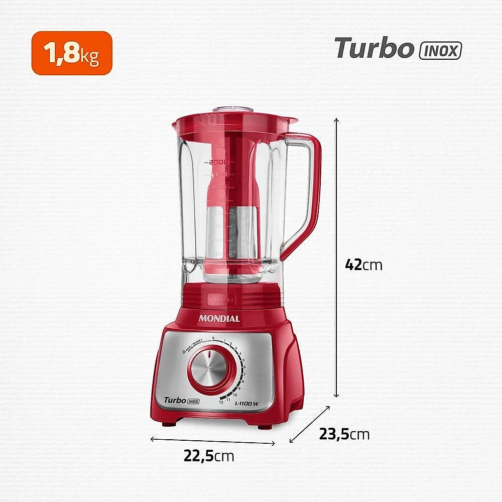 Liquidificador mondial turbo l-1100 3l 1100w 12 velocidades vermelho/inox 220