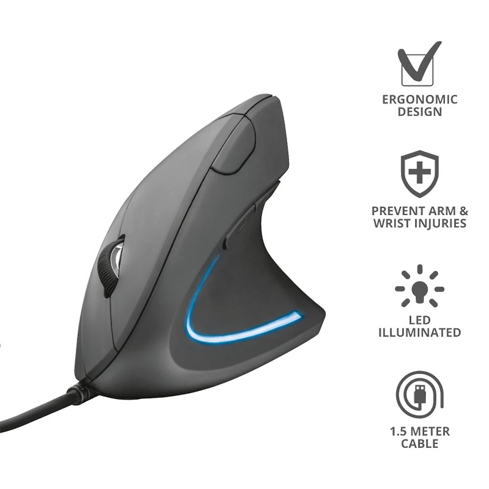 Miniatura Mouse Trust Vertical Ergonômico Verto, LED Azul, 6 Botões - 22885