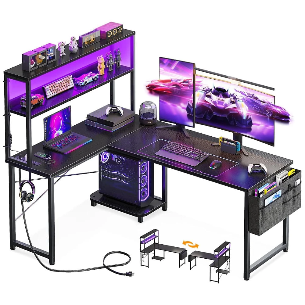 Mesa Gamer em Formato de L, 53" 134 cm com Luz LED, Tomadas, Suporte para CPU, Gancho para Fone de Ouvido e Bolsa de Armazenamento, 110V, AODK, Preto