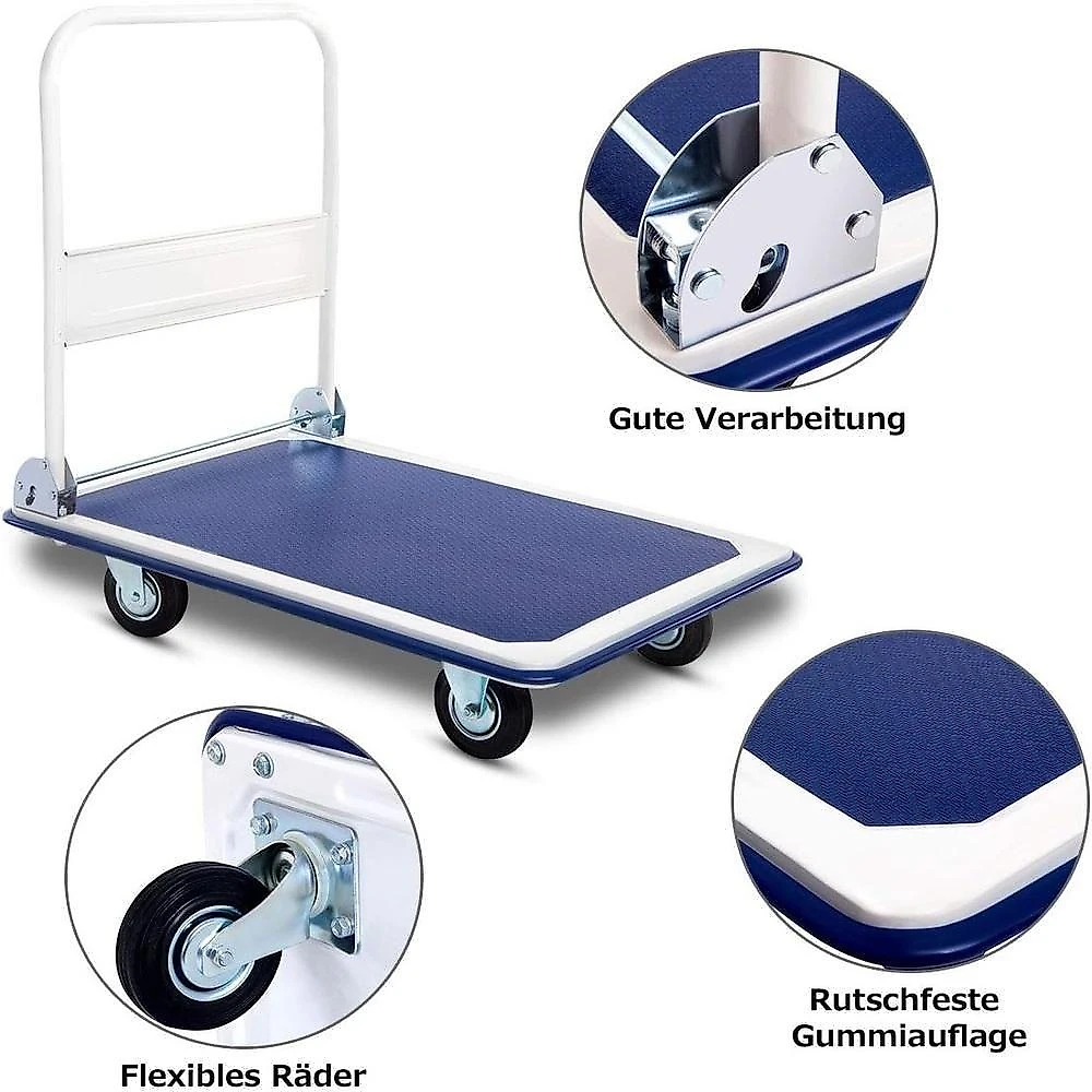 Carrinho de Carga Plataforma Dobrável 150kg Base de Aço Azul para Transporte de Caixas Yeet