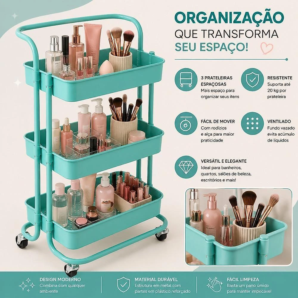 Carrinho Organizador Multiuso 3 Prateleiras Metal e Plástico Reforçado com Rodízios e Alça para Sala