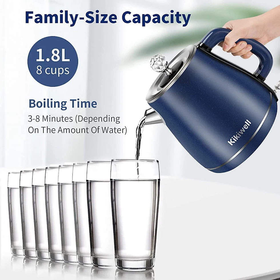 Chaleira Elétrica Kikiwell 1.8L em Aço Inoxidável com Desligamento Automático e Proteção Contra Fervura, 110V 1200W, Azul...