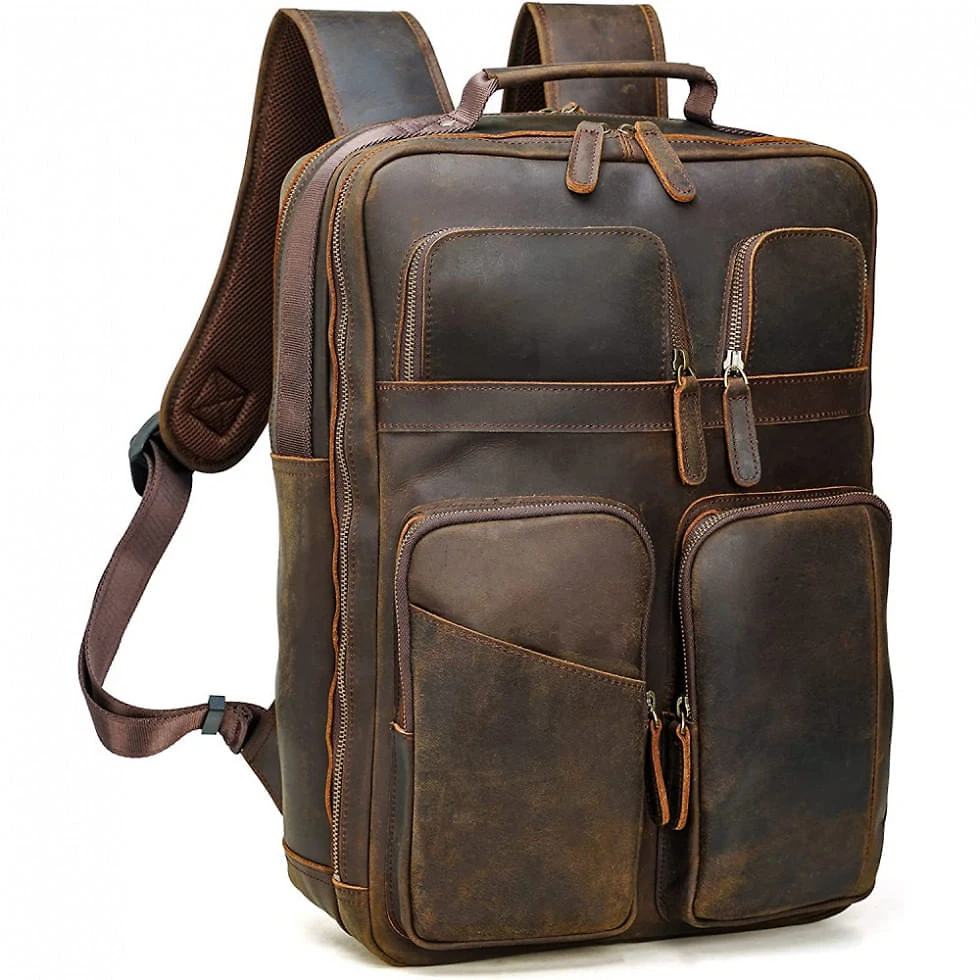 Mochila Masculina para Laptop de Couro, POLARE ORIGINAL, Marrom