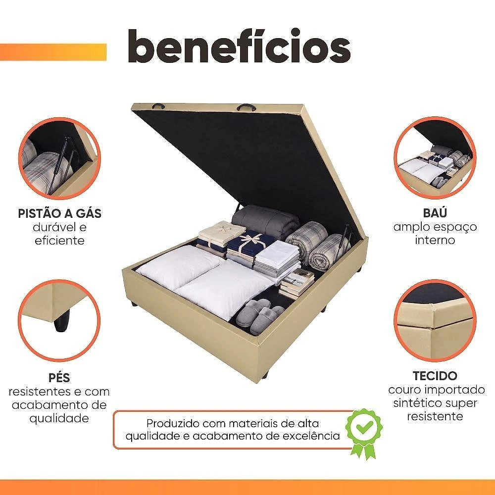 Cama Box com Baú Casal 1,38m em Revestimento Sintético Estrutura em Madeira Bege Caramelo Prince