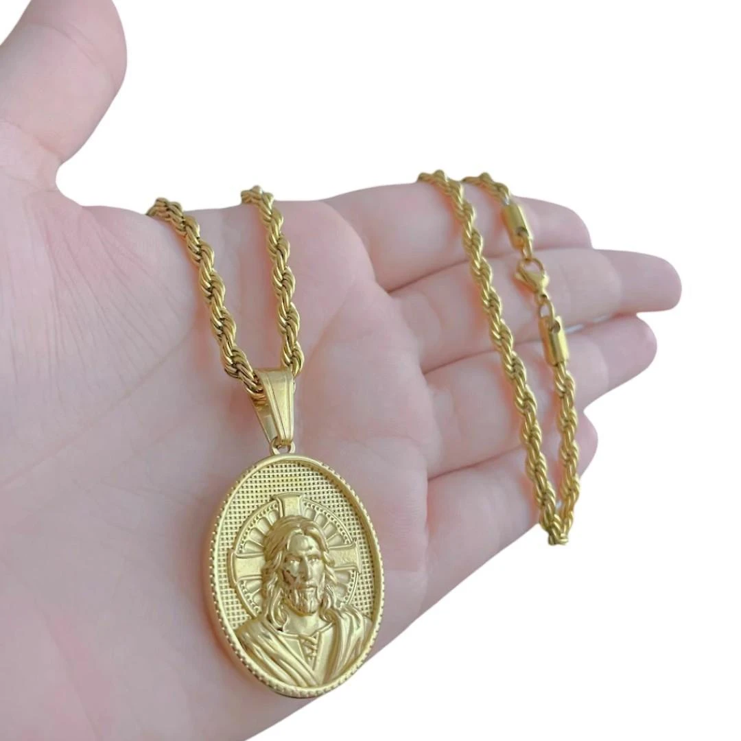 Miniatura Cordão Baiano 5Mm + Pingente Jesus Oval - Banhado A Ouro