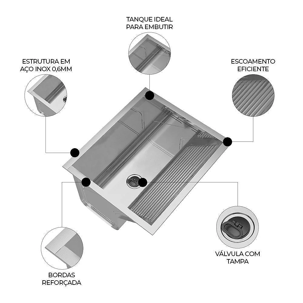 Tanque de Lavar Roupa G01 68L de Embutir Aço Inox com Esfregador Mpozenato