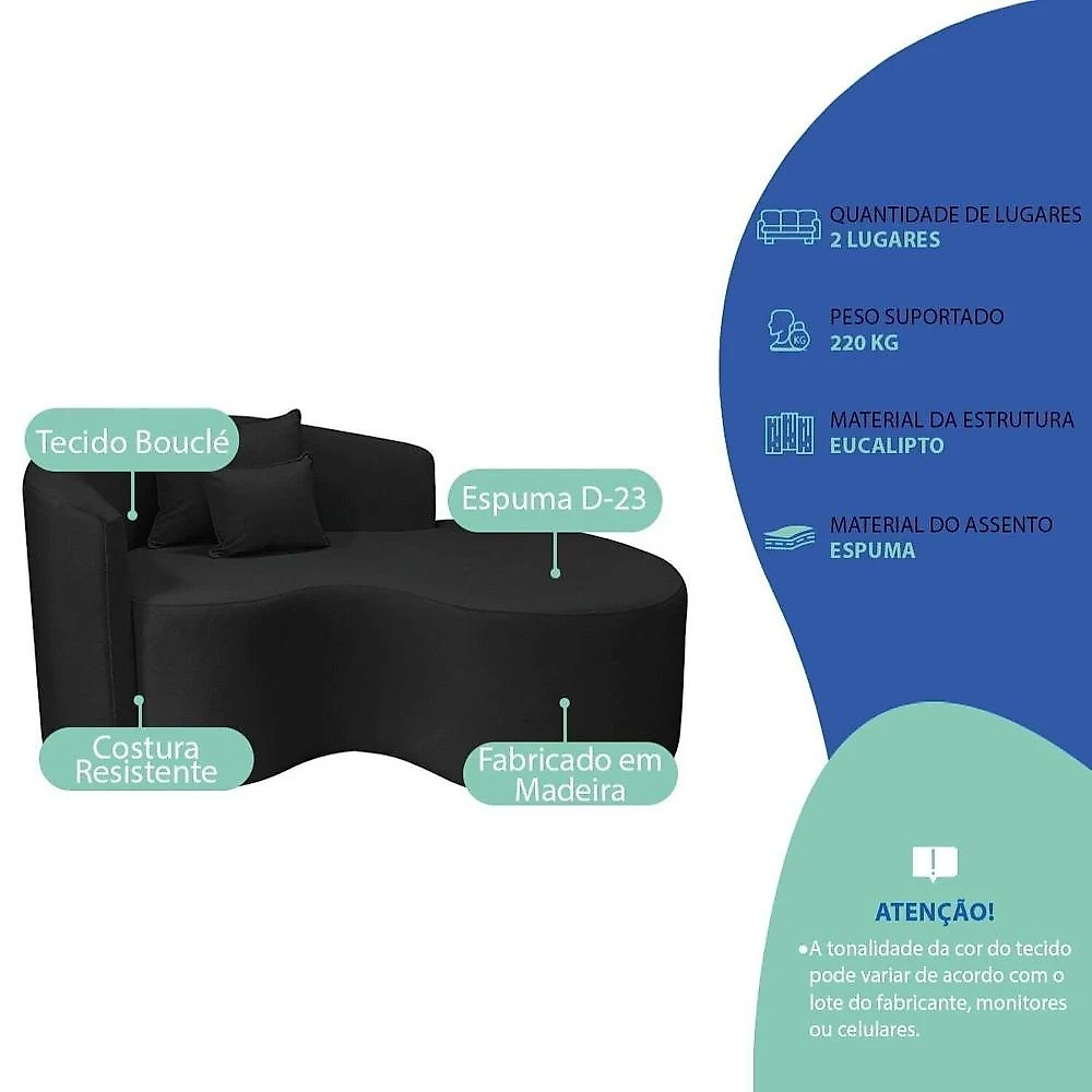 Recamier Curvo Orgânico 150cm 2 Lugares Lado Direito para Sala de Estar Bouclé Londres Preto