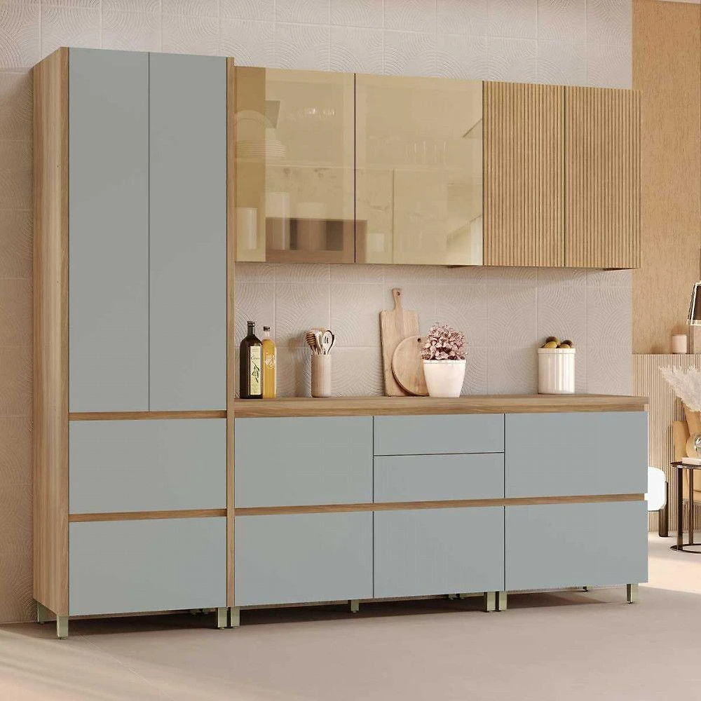 Cozinha 5 Peças Rainha 2 Portas 7 Gavetas MDF Nature e Verde Nesher Móveis
