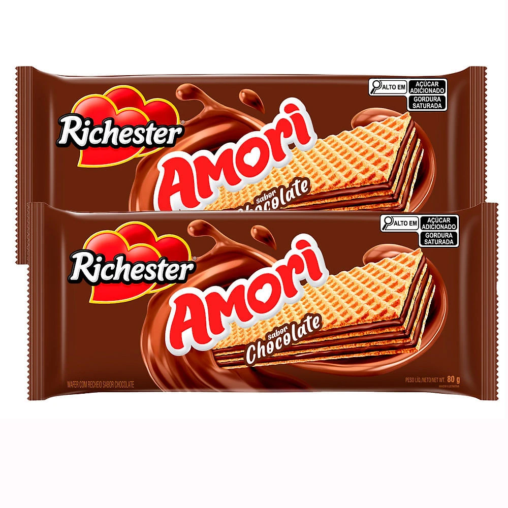 Kit 2 Biscoito Wafer Richester Amori Sabor Chocolate 80g