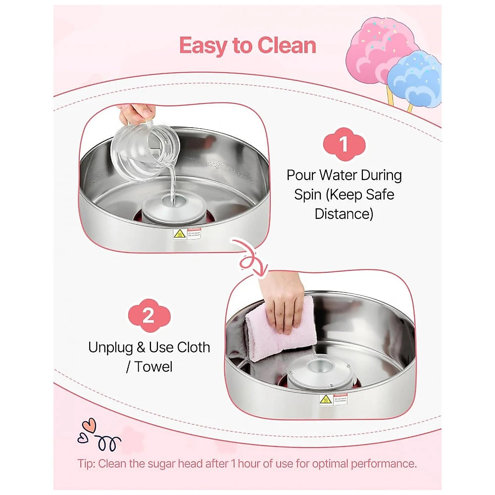 Máquina de Algodão Doce VEVOR 1000W Inox 38 cm Proteção Antiaquecimento Rosa 110V