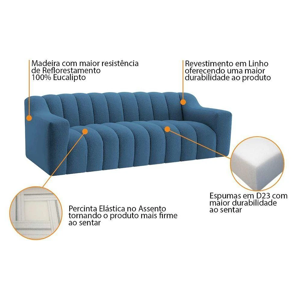 Miniatura Sofá 2 Lugares Luxo Recepção Escritorio Sala Elegance 180cm Linho Cor Azul Royal