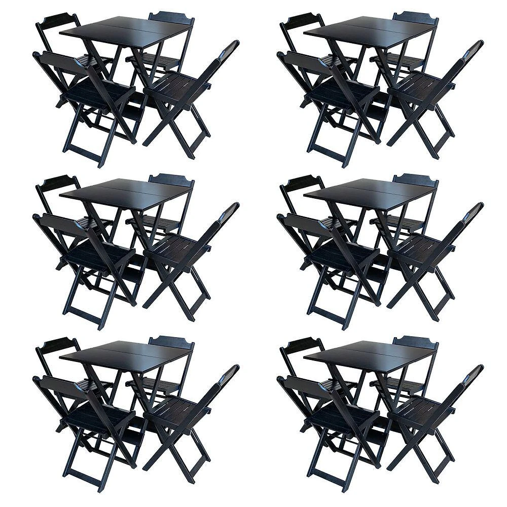 Kit 6 Jogos De Mesa Com 4 Cadeiras De Madeira Dobravel 70X70 - Preto - Preto
