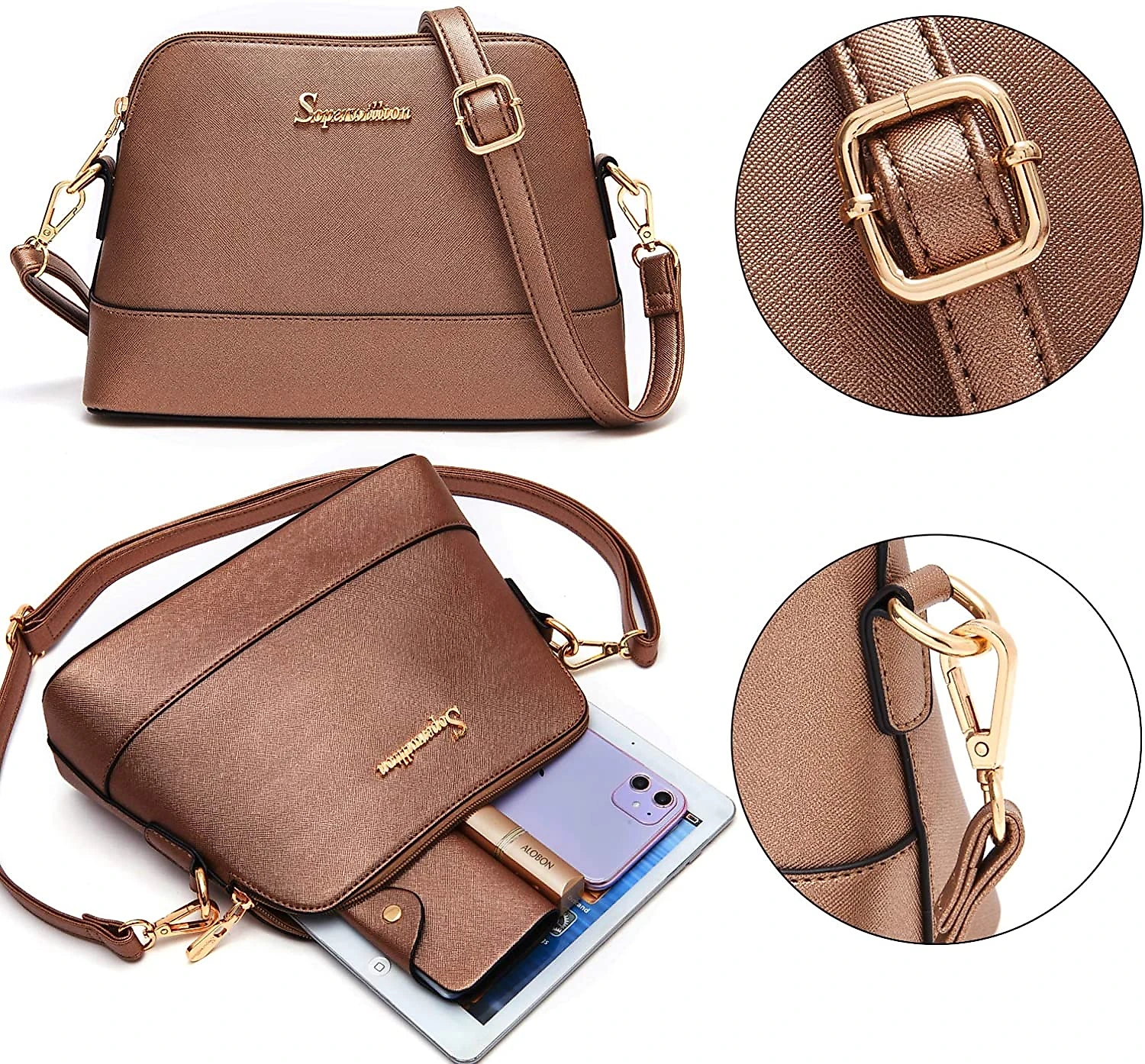 Soperwillton Conjunto de Bolsas Femininas de Couro Sintético 5 Unidades Marrom Gold