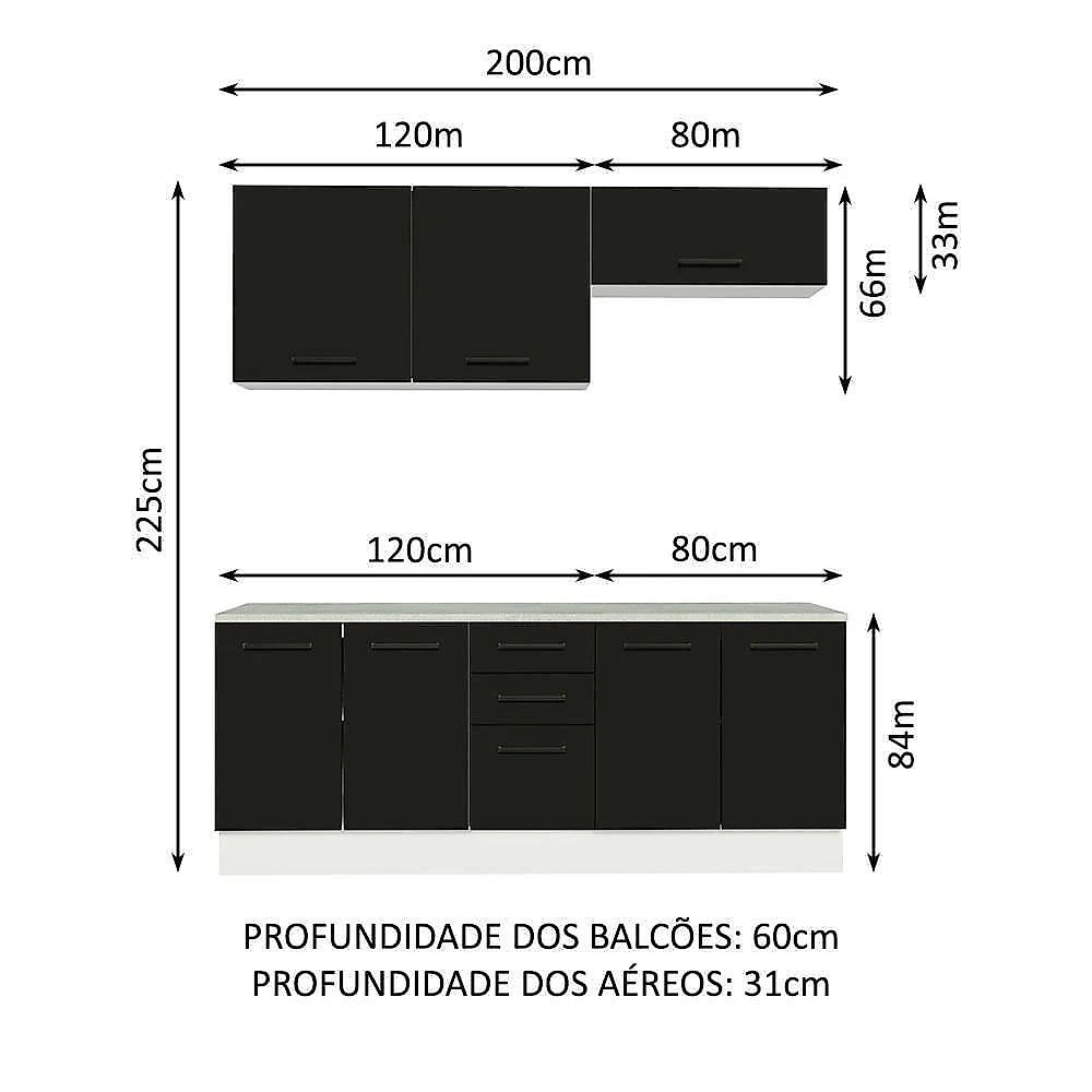 Kit Com 2 Balcões E 2 Armários Aéreos Multiuso 200cm Branco/preto Agata Madesa Branco/preto