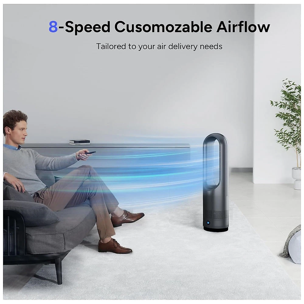 Ventilador Torre Sem Pás Faryuan Preto Aquecimento e Resfriamento 8 Velocidades 3 Níveis Oscilação 80° Timer 9h 120V