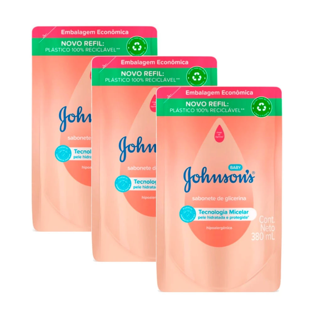 Sabonete Líquido de Glicerina Johnson's Baby Refil 380ml | Kit com três unidades