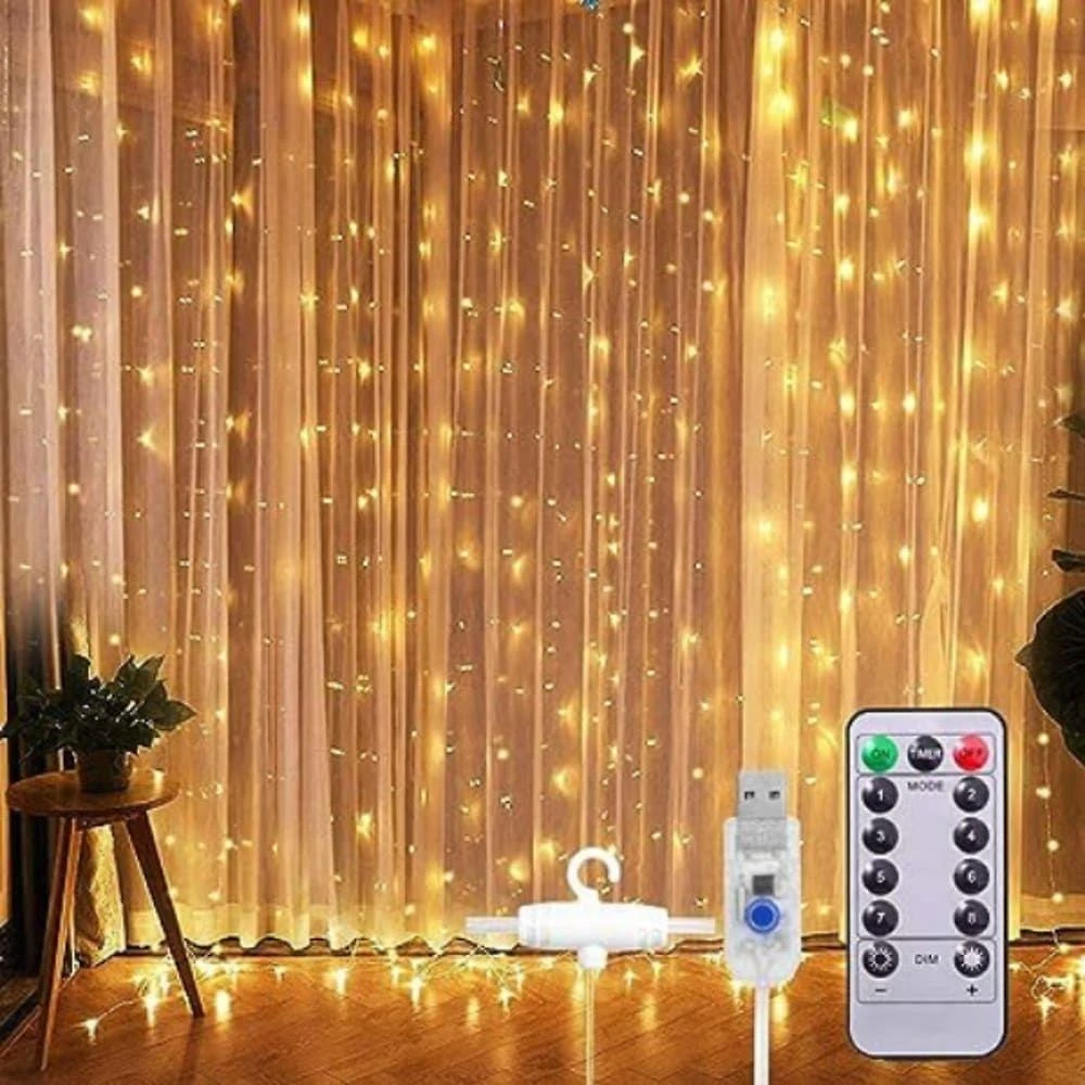 Cortina de LED 3x3m com Controle Remoto 8 Modos para Decoração Luz Branca Quente Bivolt Utimix