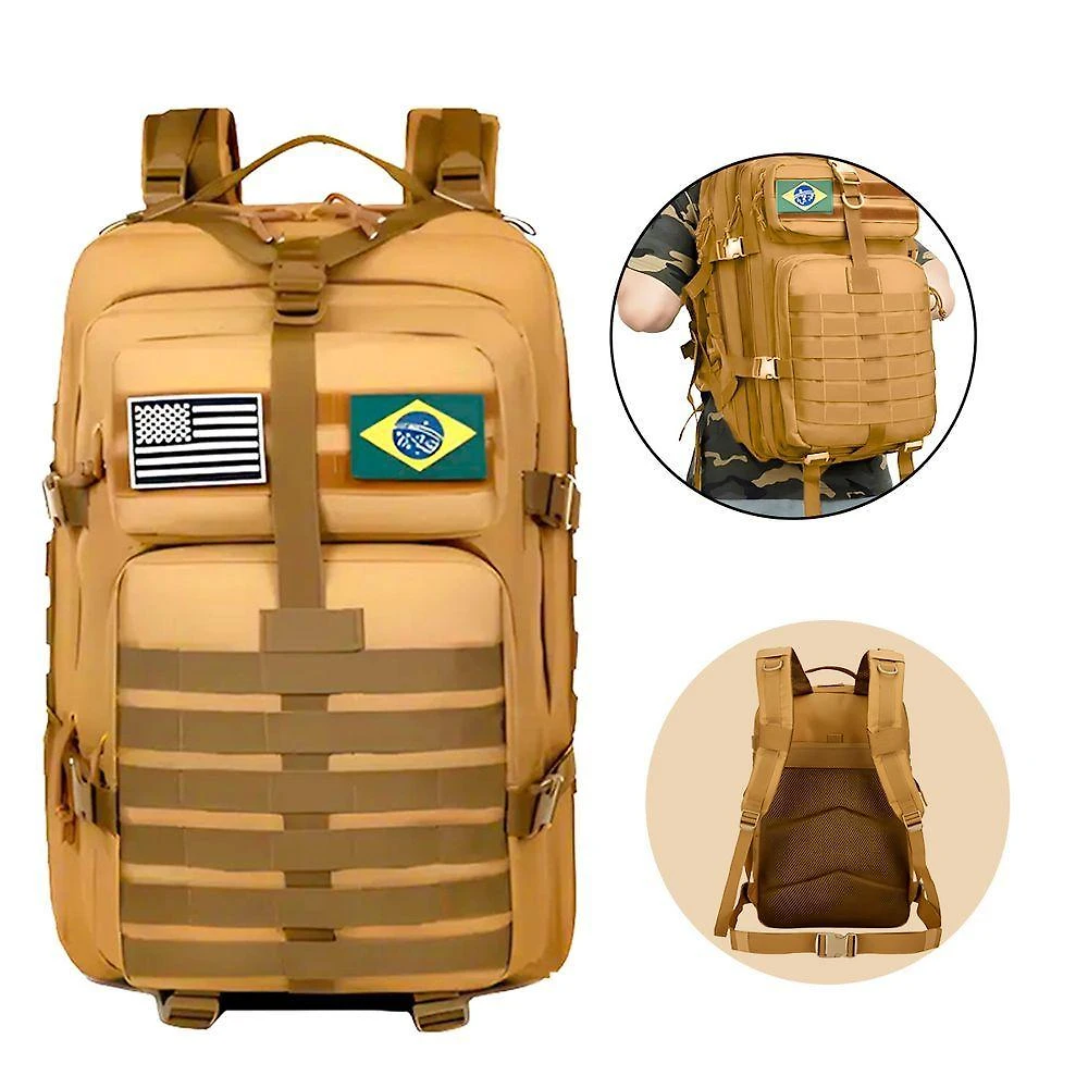 Mochila Militar Tática Outras Marcas Impermeável 50L Bege com Sistema MOLLE e Patches com Uso