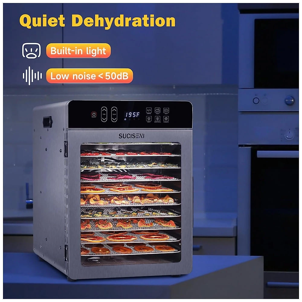 Desidratador de Alimentos SUCISENI com 10 Bandejas de Aço Inoxidável, 9 pés, 1000W, Timer de 24 Horas e Controle de Temperatura
