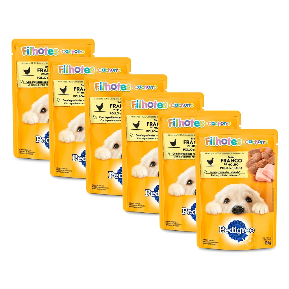 Kit 6 Ração para Cães Pedigree Filhotes Sachê Sabor Frango ao Molho 100g